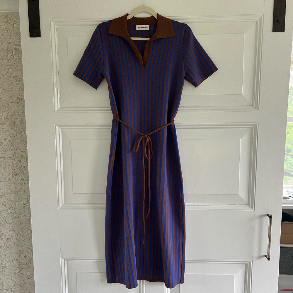 Tory Burch Striped Polo Knit Belted Midi Dress Chocolate Brown Electric Blue